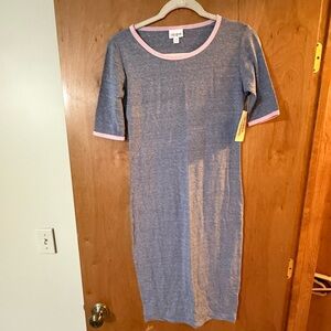 LuLaRoe Heathered Blue Midi Dress with Pink Accents